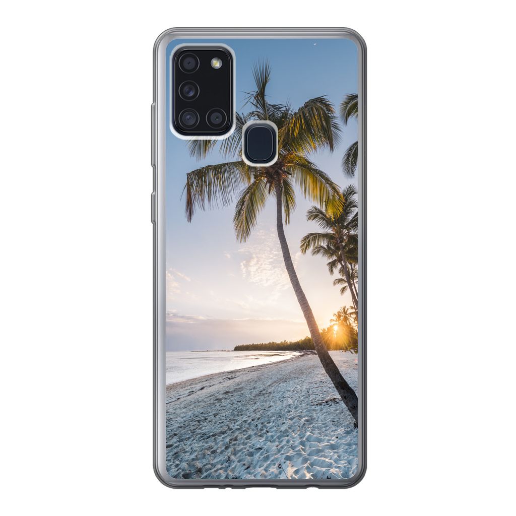 MuchoWow Handyhülle Schutzhülle Hülle für Samsung Galaxy A21s Strand - Sonnenuntergang - Palme Silikon Softcase Handy Hülle - Hartschale