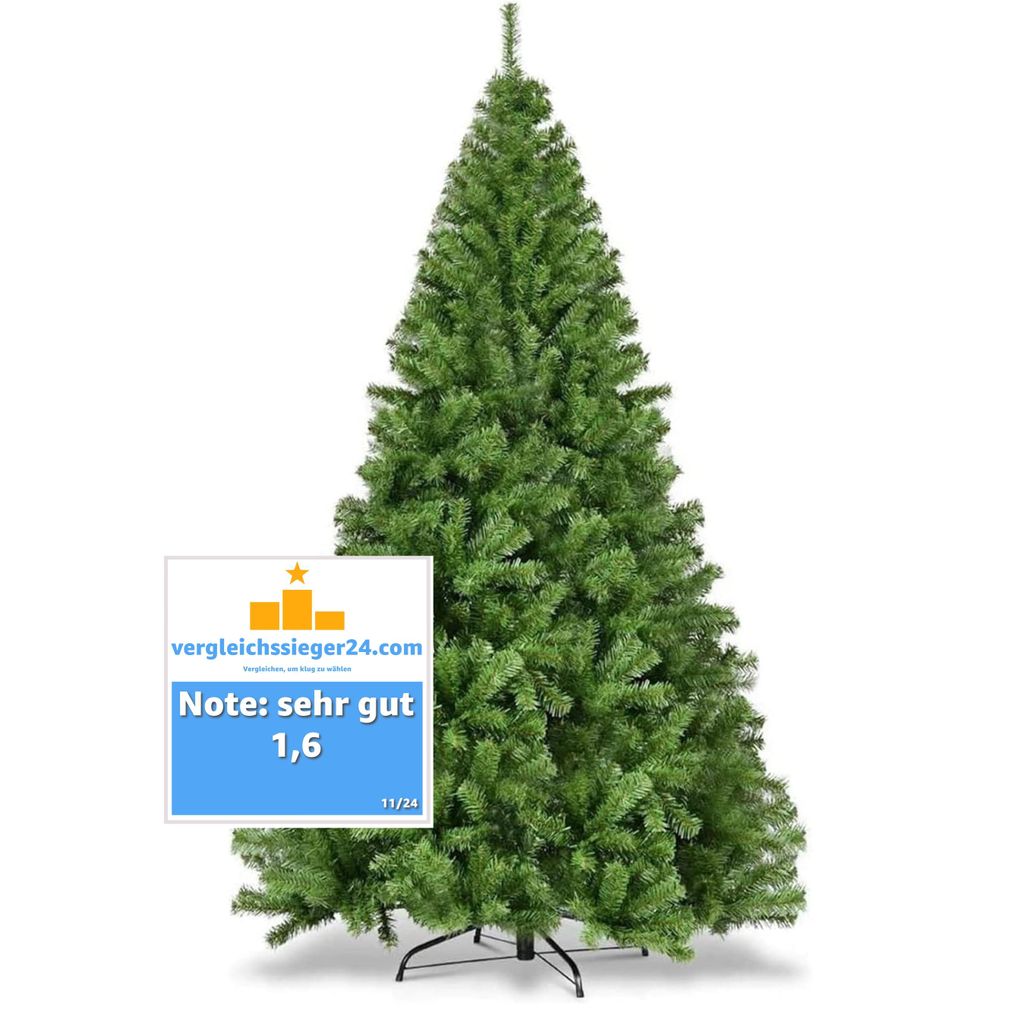 A full shot of a green artificial Christmas tree on a white background, with a review badge in the lower left corner.