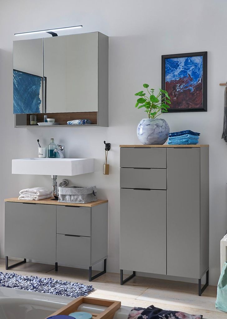 Badezimmer-Set >Denver< (3-tlg.) in grau matt / Evoke Eiche Nachbildung - 160x195x35 (BxHxT)