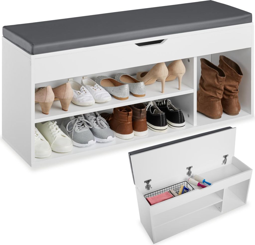 A shoe bench with storage and a cushioned top, displaying various shoes on its shelves.