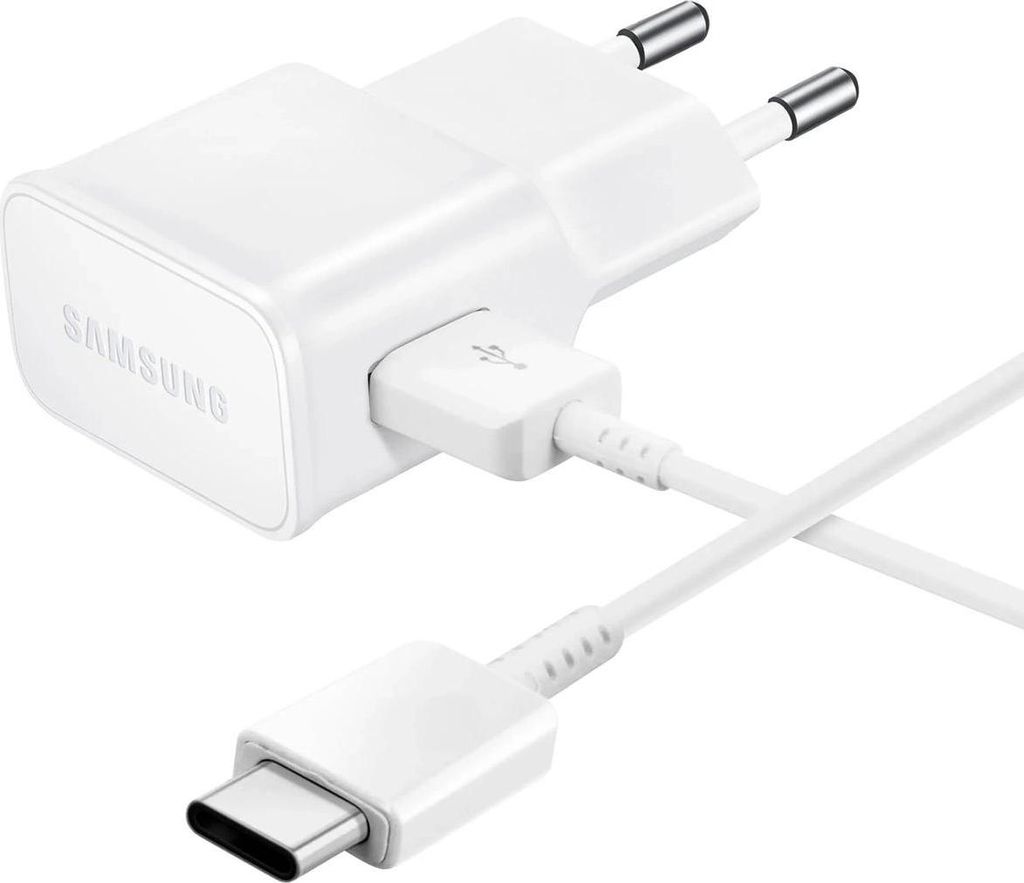 A white Samsung wall charger with a USB-C cable.