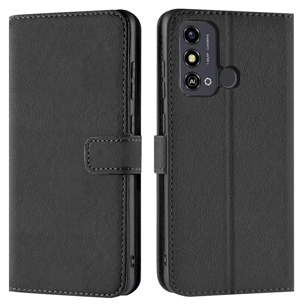 A black flip case for a smartphone is shown from the front and back.