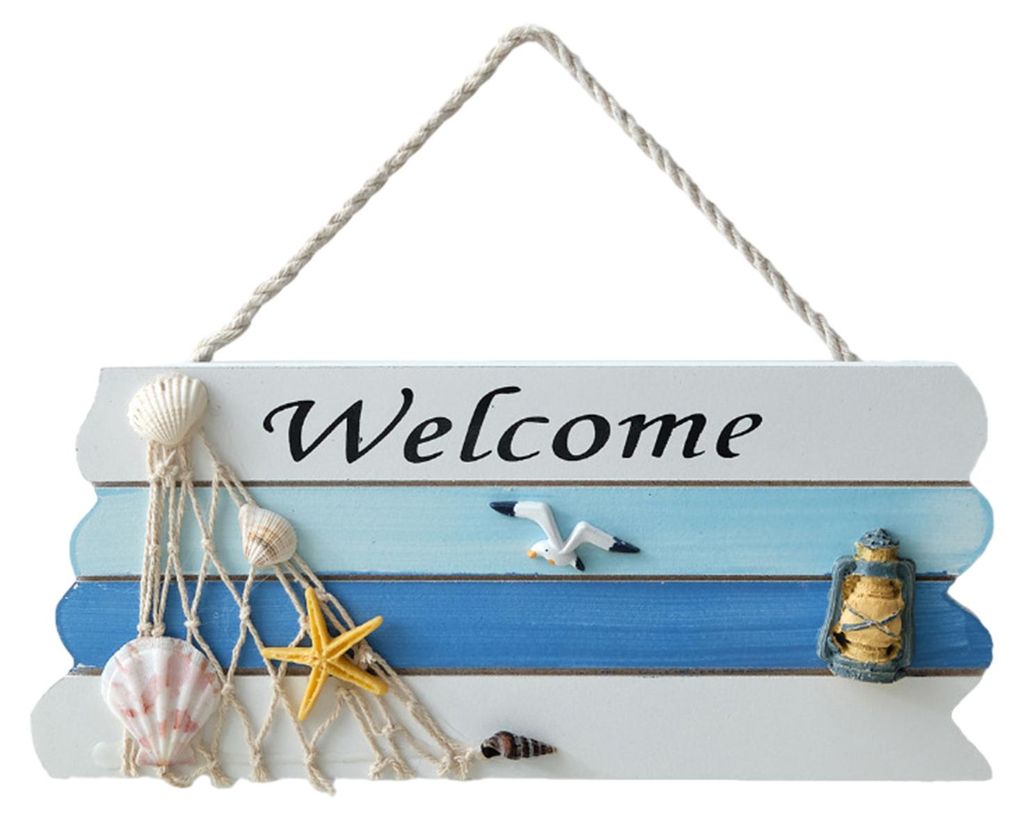 Willkommensschild „Strand“ für die Haustür, rustikales Türschild aus Holz mit Seesternen und Muscheln im Sommer-Ozean-Stil, ideal für die D...