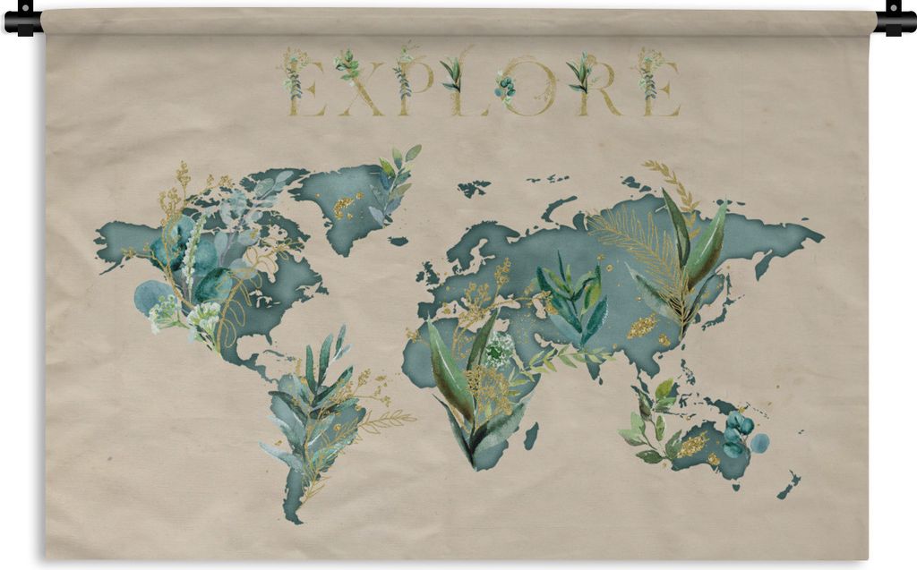 MuchoWow Wandteppich Wandbehang Weltkarte - Erkunden - Gold 90x60 cm Tapisserie Dekoration Wandtuch - Wandskulpturen - Bildteppich