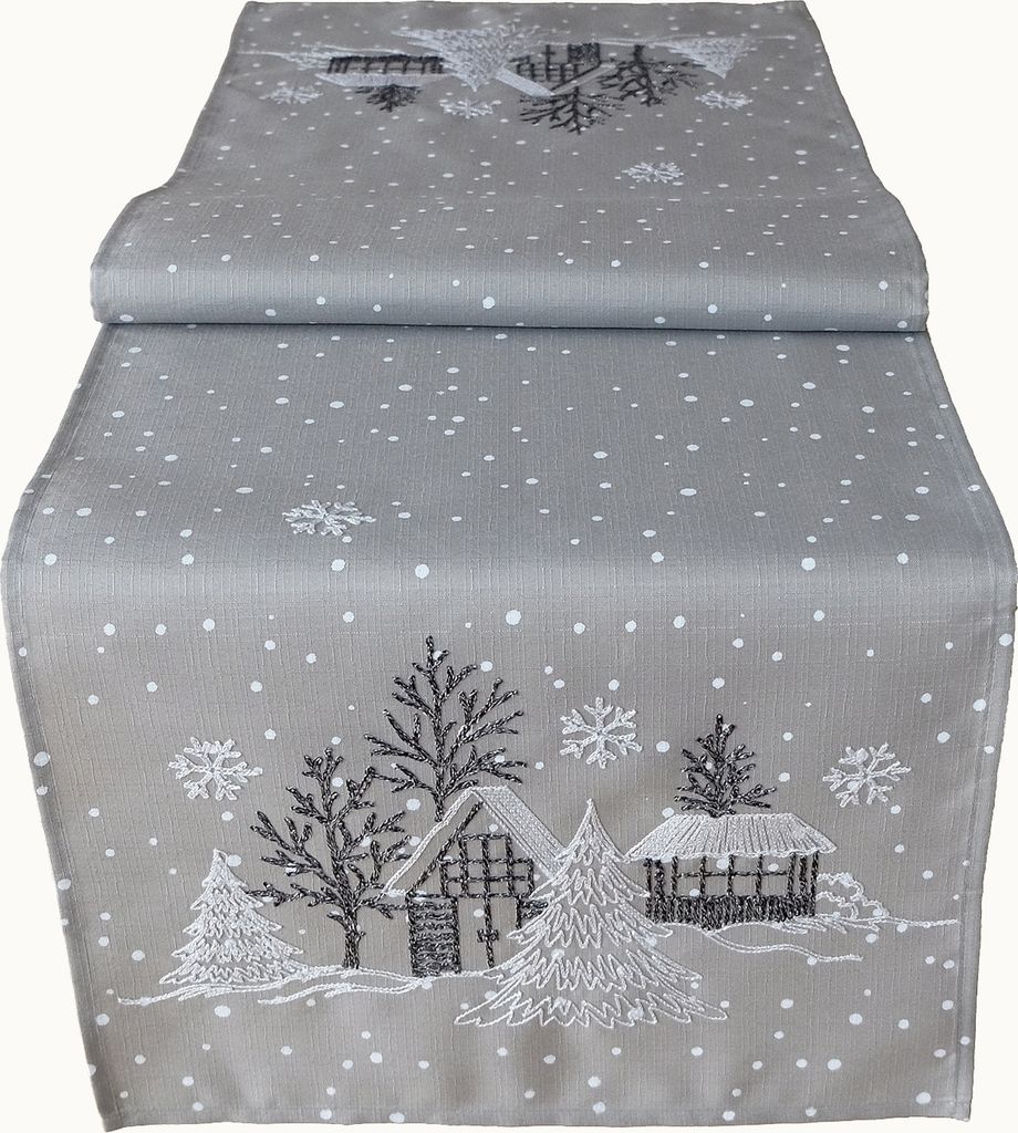 Tischwäsche Stickerei Winterdorf 40 x 140 cm - hellgrau
