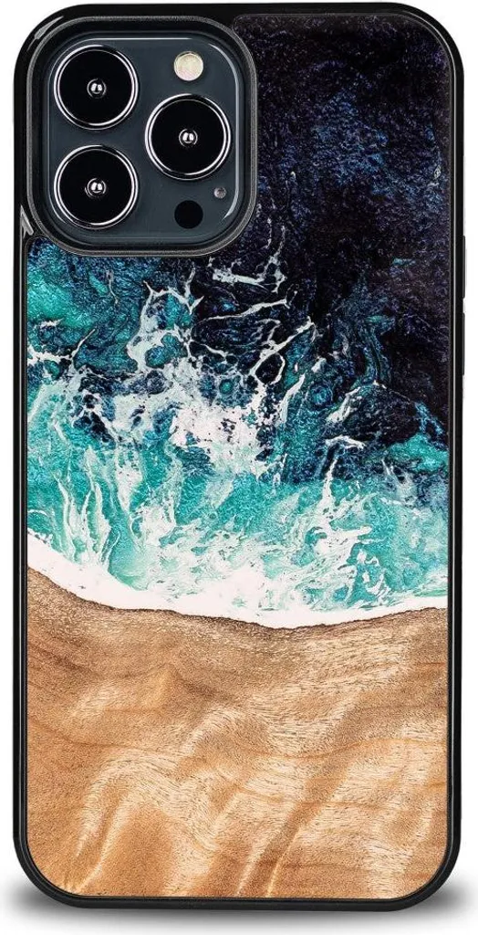 Cover Legno iPhone 13 Pro Max Bewood Unique Dream Island Blu Marrone