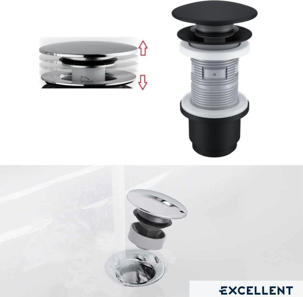 ECOLAM Click Clack Ablaufventil schwarz matt Keramik für Waschbecken Bidet mit/ohne Überlauf Stöpsel Pp-Up Push-Up 71 mm