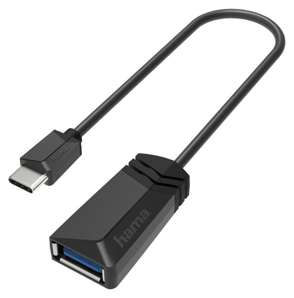 A black USB-C to USB-A adapter cable on a white background.