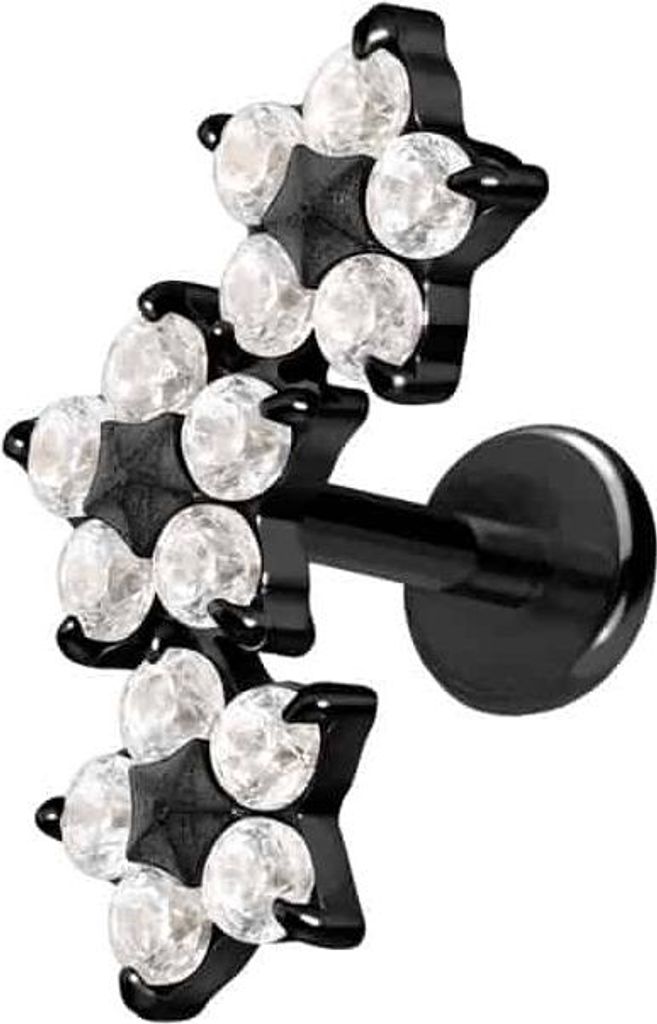 Ohrpiercing, Nasenpiercing Titan Labret mit Push Fit 3 KRISTALLBLUMEN Schwarz Stablänge: 8mm | Stabstärke: 1mm