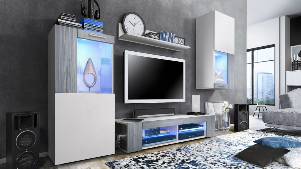 Vladon Wohnwand Movie, Anbauwand bestehend aus 1 TV-Board, 2 Vitrinen und 1 Regal, Weiß matt/Weiß matt/Avola-Anthrazit, inkl. LED-Beleuchtung bla...