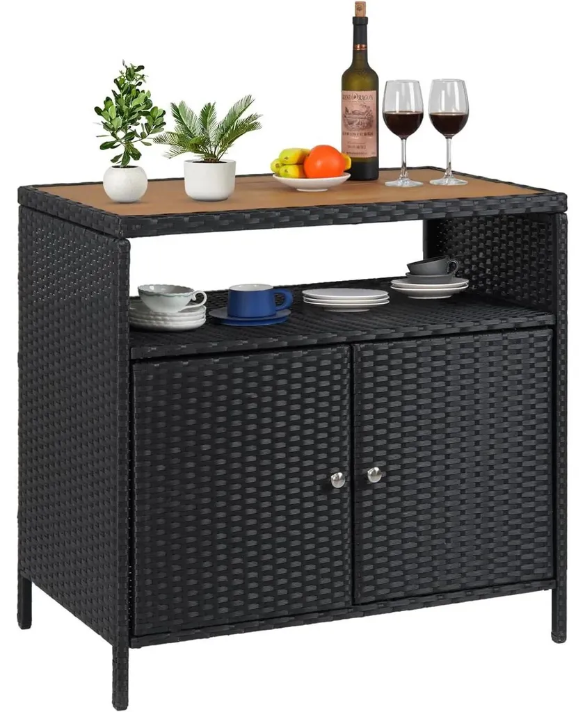 Table de bar de jardin en rotin et acier avec grand rangement et 2 portes