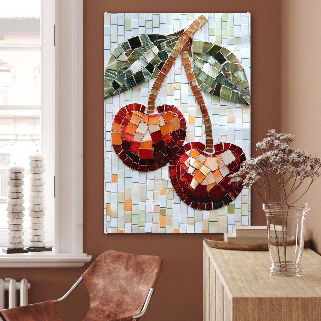 MuchoWow Glasbilder - Bilder auf Wandbild - Foto auf Glas Kirsche - Rot - Mosaik - Blätter 80x120 cm Wanddekoration aus Glas - Acrylglasbild - Acr...