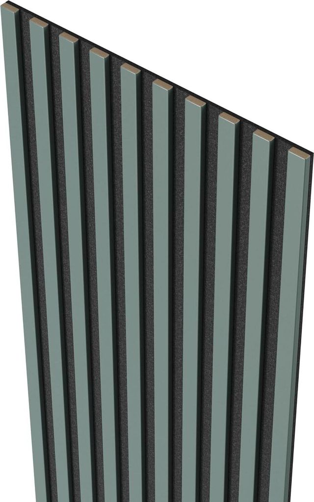 A close-up, angled view of a wall panel with vertical slats.