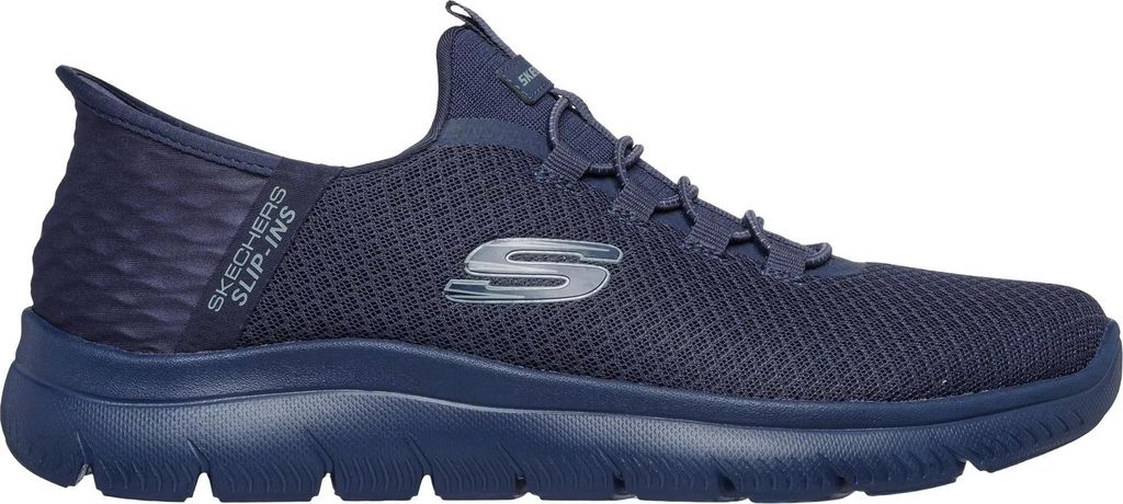 A side view of a dark blue Skechers slip-on sneaker.