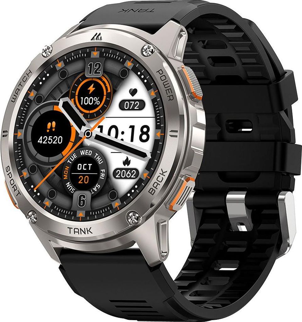 A close-up studio shot of a KOSPET TANK T3 smartwatch.