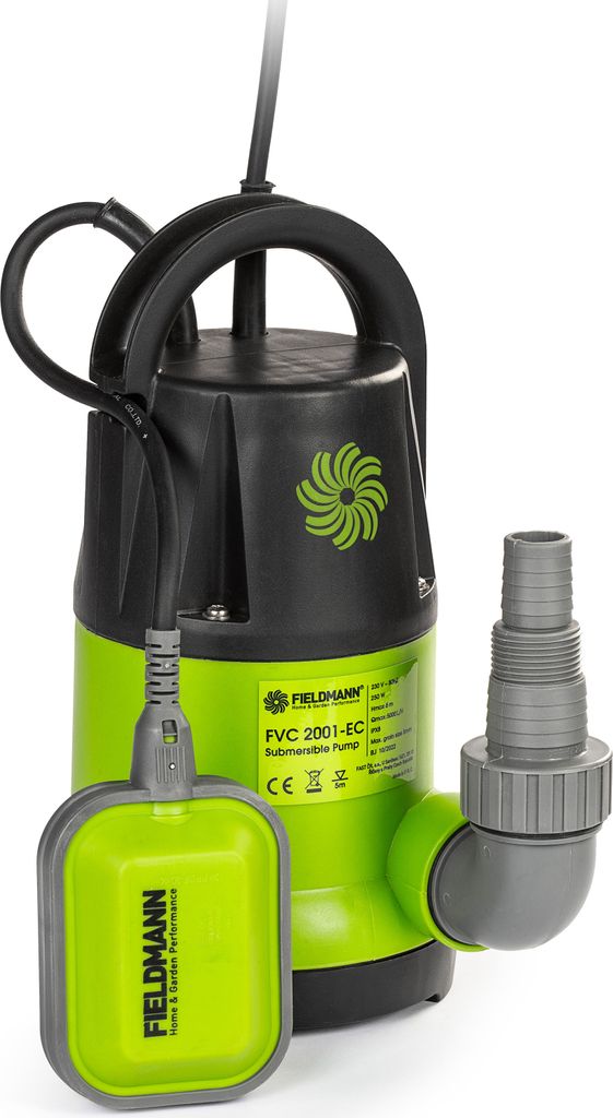 A submersible pump with a float switch and hose adapter, shown against a white background.
