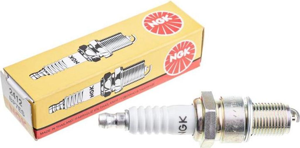 A spark plug and its packaging are shown against a white background.