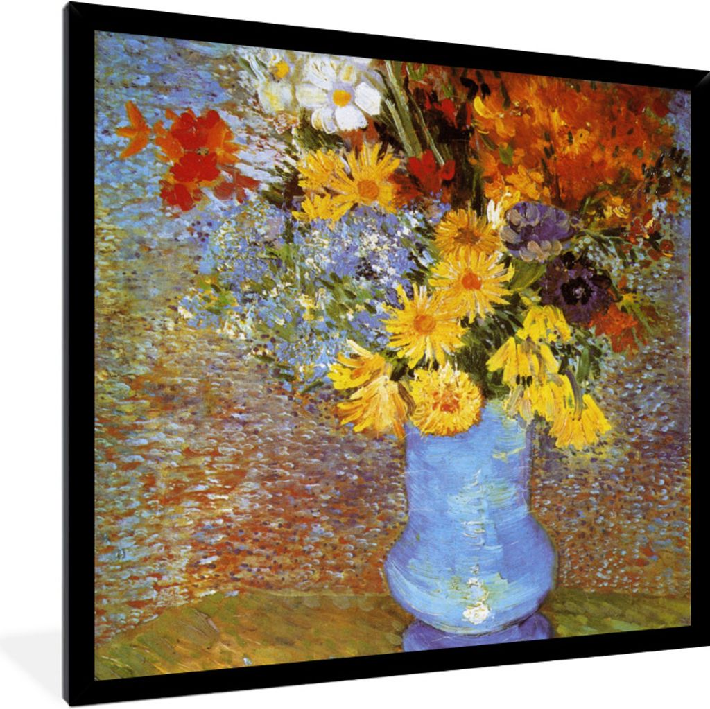 MuchoWow Gerahmtes Poster Vase mit Gänseblümchen und Anemonen - Vincent van Gogh 40x40 cm - Poster mit Schwarzem Bilderrahmen Wandposter Rahmen...