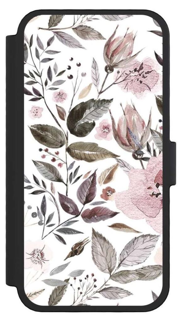 NIVOCASE Klapphülle für Apple iPhone 16 Pro Handyhülle aus Kunst Leder NIVOflip schwarz Blumen Pastell Wasserfarbe