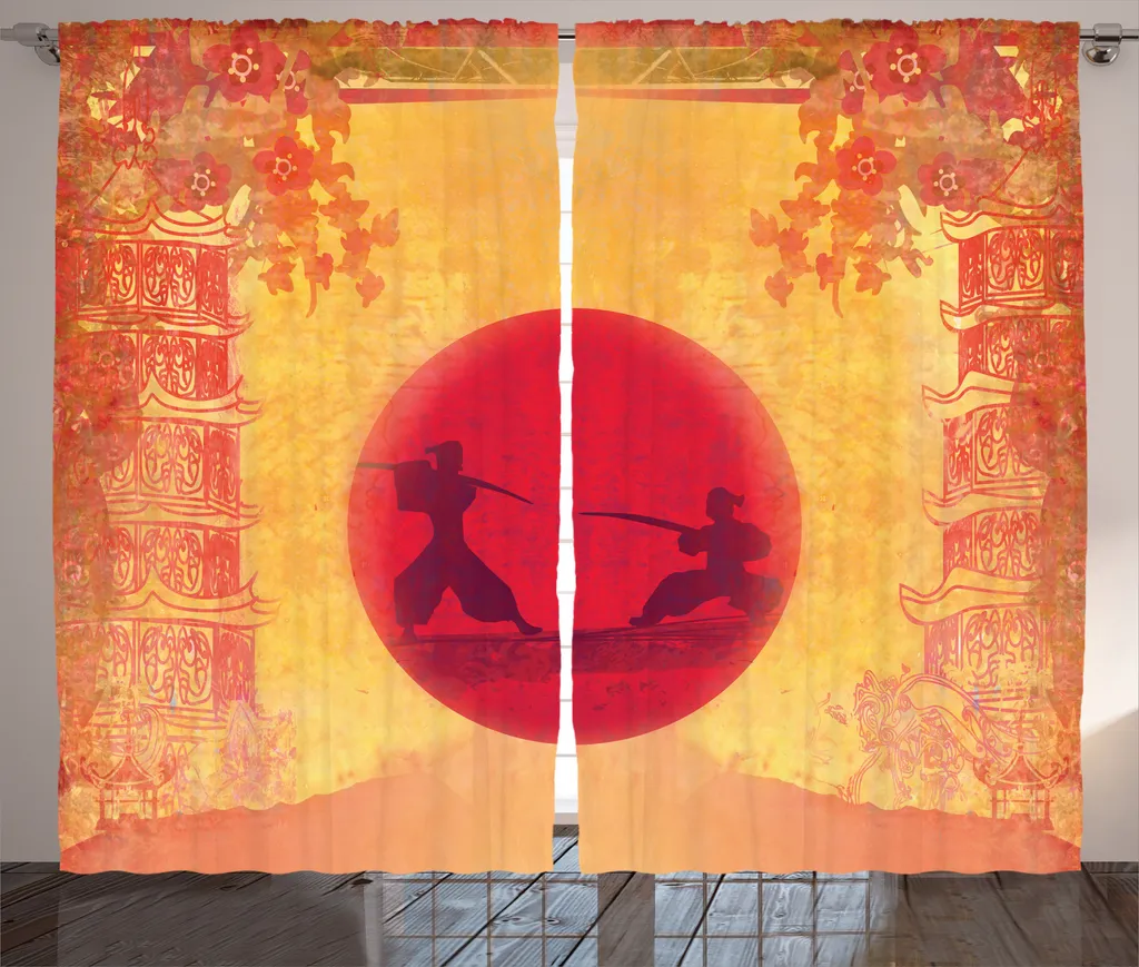 Rideau de Salon Japonais pour Grand Vitrage Thème Ninjas Rétro 225cm