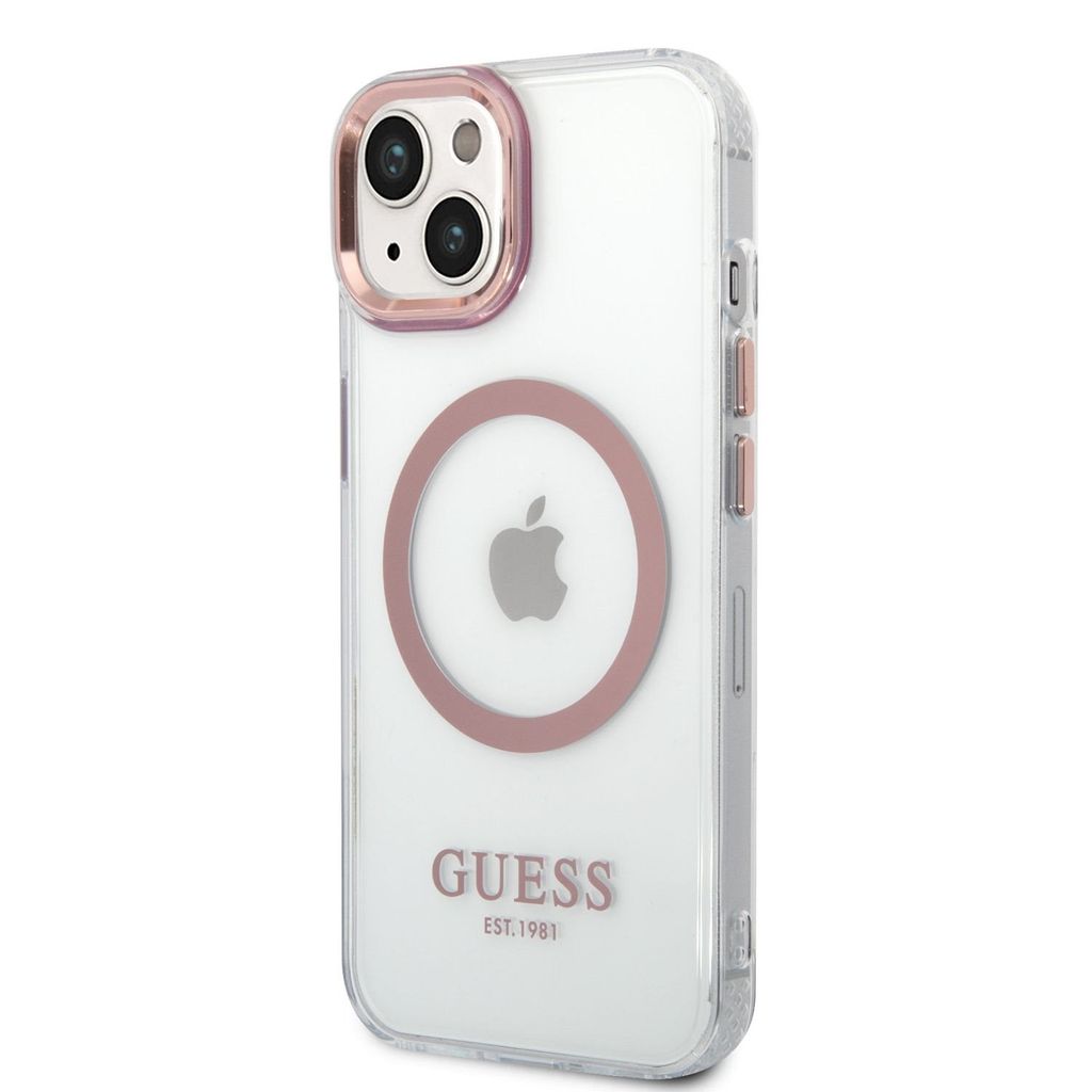 Guess iPhone 14 & 15 Plus Hardcover - Rosa Kamera & Tasten - Magsafe-kompatibel - Transparent