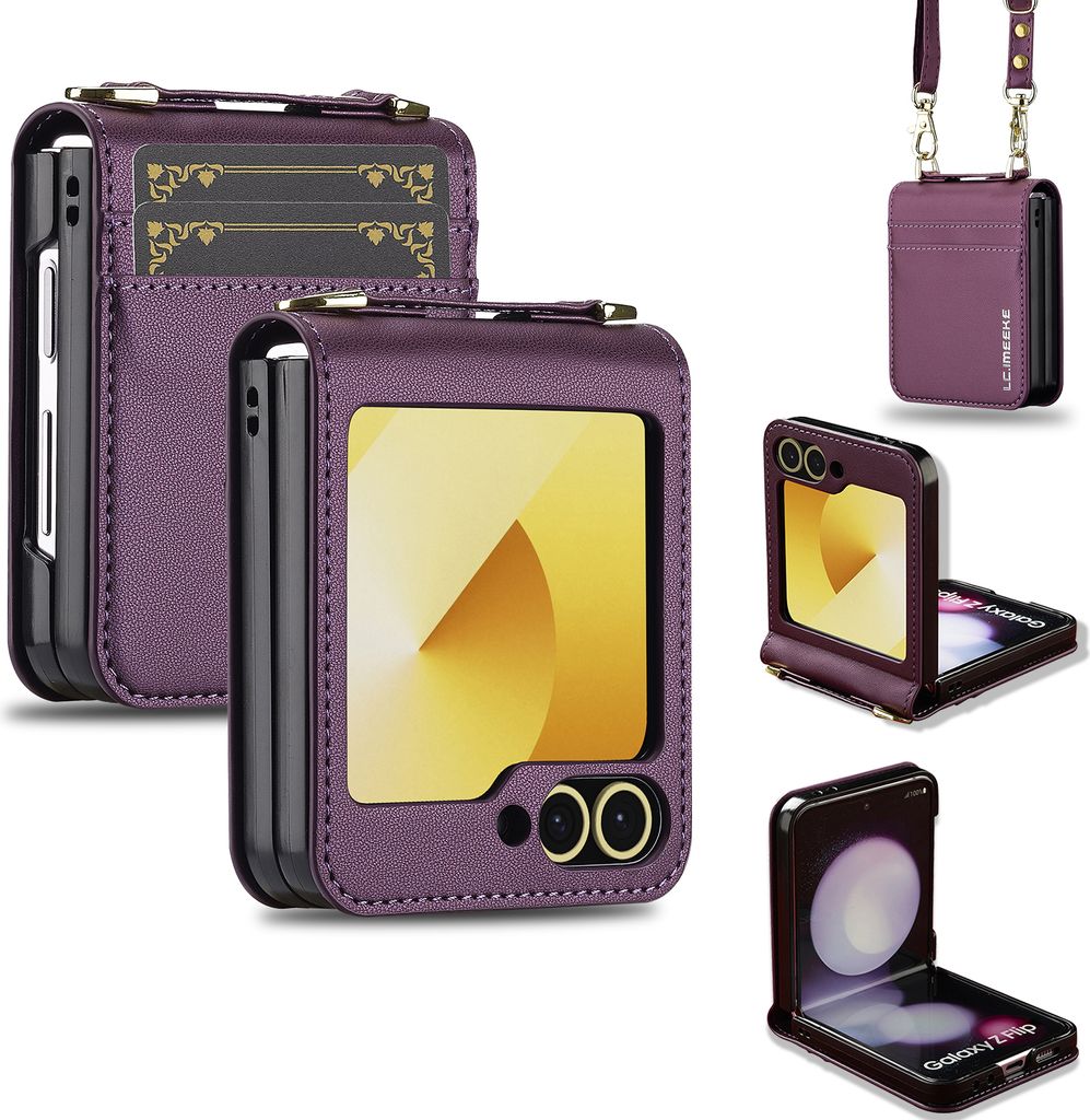 Handyhülle für Samsung Galaxy Z Flip5 5G, Leder Crossbody Klapphülle mit Umhängegurt und Kartenfach Lila