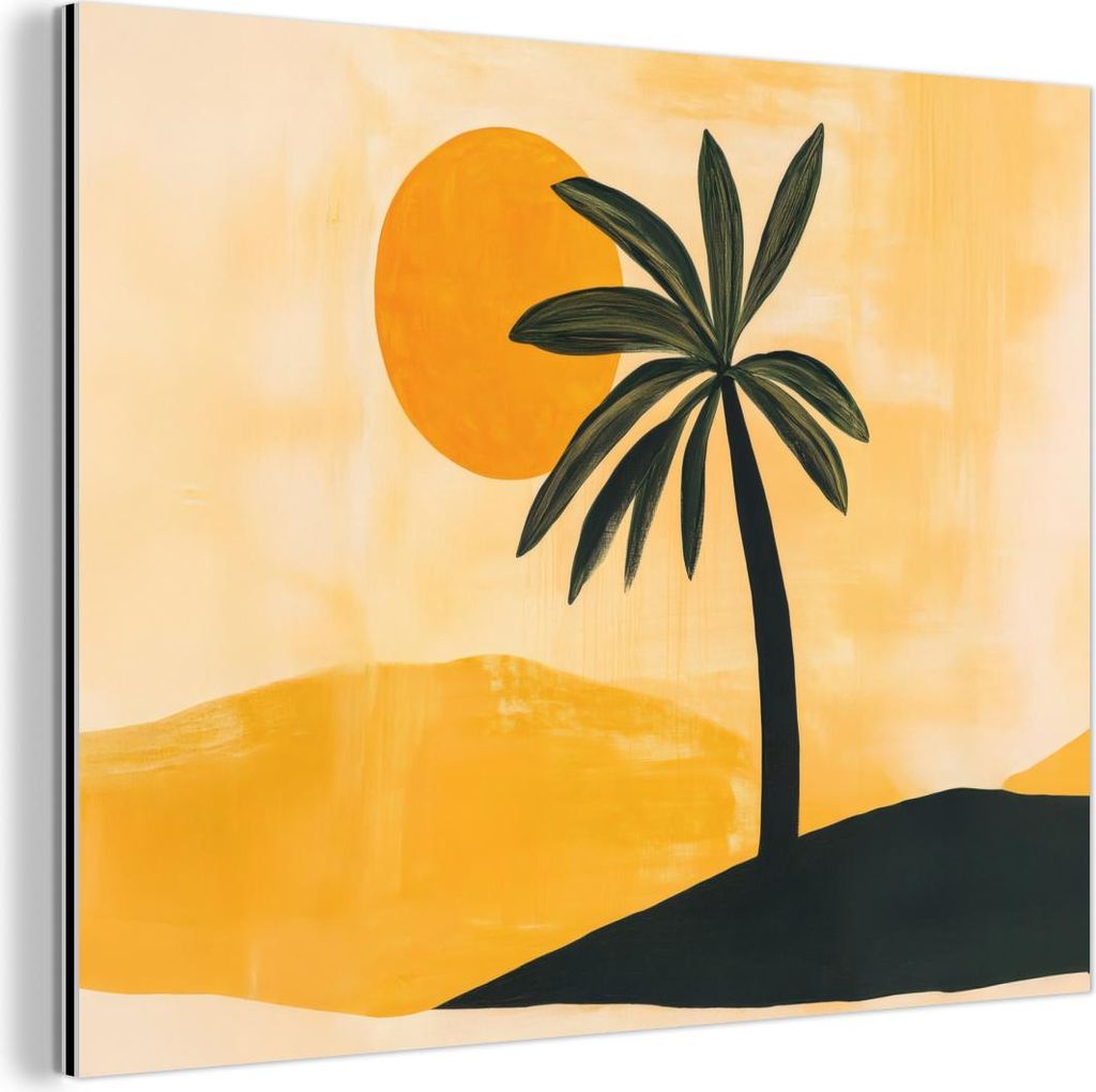 MuchoWow Wanddekoration Metall Metallbild Wandkunst 80x60 cm Illustration - Palme - Sonne - Hügel MuchoWow Aluminium Gemälde - Alubild