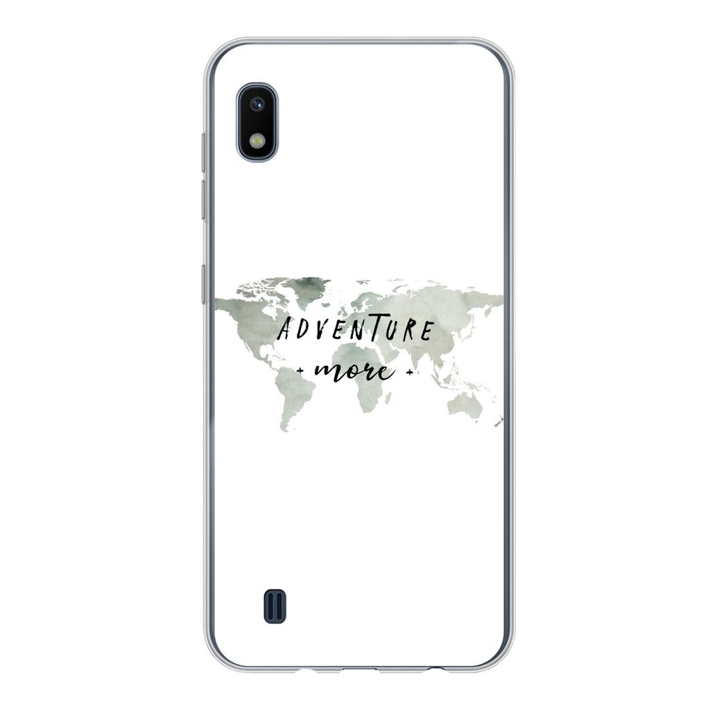 MuchoWow Handyhülle Schutzhülle Hülle für Samsung Galaxy A10 Weltkarte - Grau - Zitate Silikon Softcase Handy Hülle - Schutzhülle