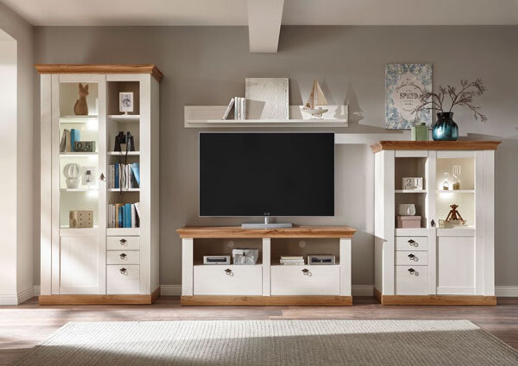 Landhaus Wohnwand 356cm pinie weiß / wotan eiche Anbauwand Produktbild 