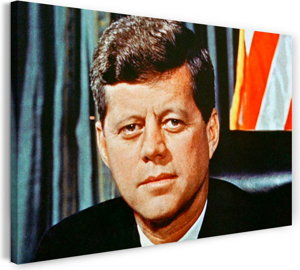 Leinwandbild (60x40cm): John F Kennedy Portrait farbig vintage retro American President, echter Holz-Keilrahmen inkl. Aufhänger, handgefertigt in ...