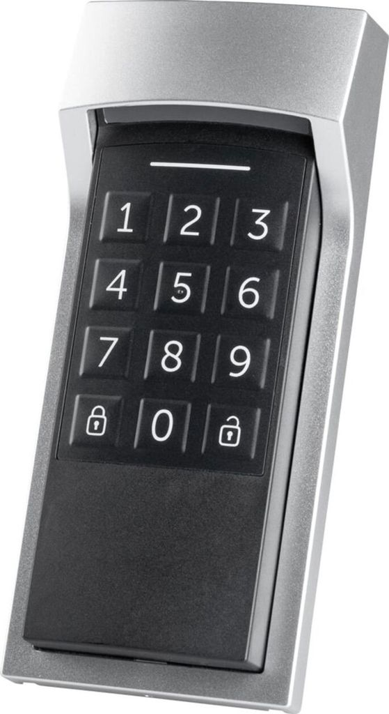 A product shot of a smart home keypad.