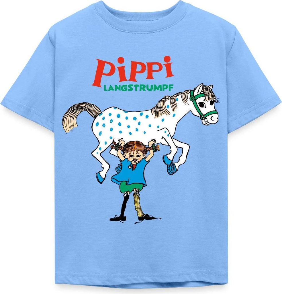 Spreadshirt Pippi Langstrumpf Pippi Hebt Kleiner Onkel Kinder T-Shirt, 122/128 (7-8 Jahre), Himmelblau