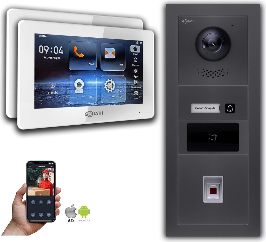 Goliath IP Video Türsprechanlage mit Kamera 7-Zoll Fingerprint RFID Anthrazit : 7 Zoll in Weiß : Unterputzdose : 2 Monitore Anzahl: 2 Monitore Fa...