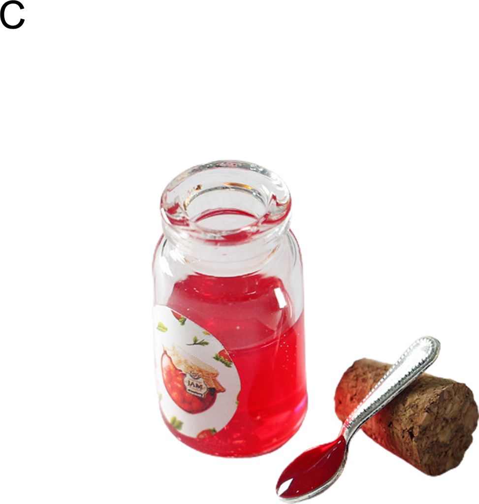Mini Jam High Simulationsdekoration Harz Puppenhaus Milch Honig Erdbeermarmelade mit Löffel Set für Küchenszene-C