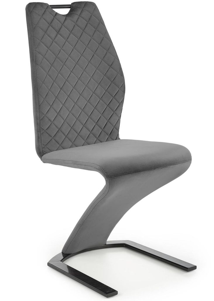 A gray dining chair with a modern, cantilever base.