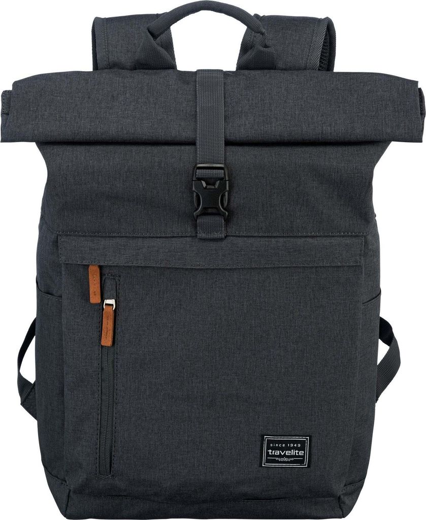 A dark gray roll-top backpack is shown against a light gray background.