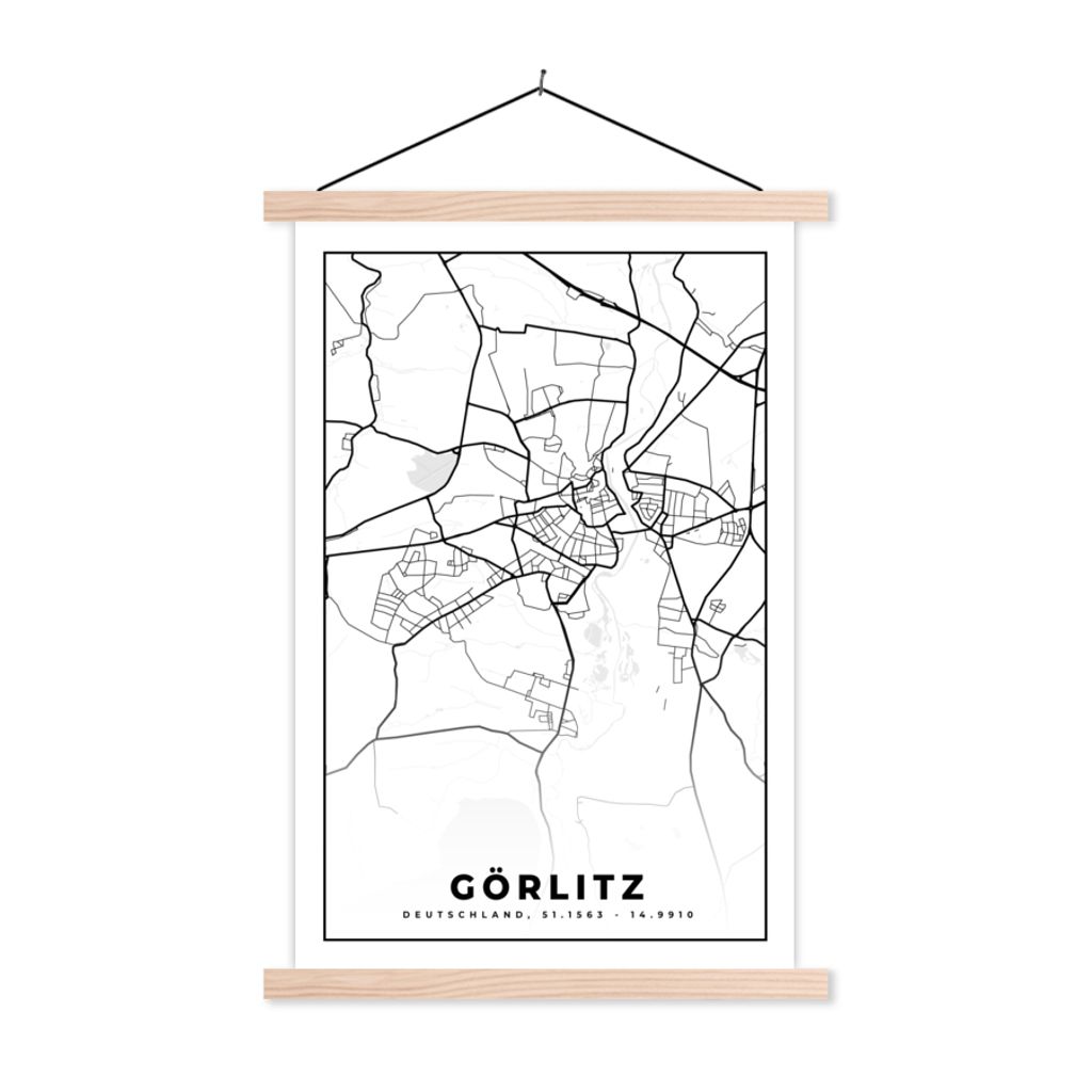 MuchoWow Textilposter Görlitz - Karte - Stadtplan 60x90 cm mit holzfarbenen Rahmen - Textil