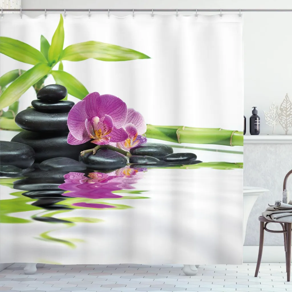 ABAKUHAUS Tenda da doccia Spa, relax asiatico Zen massaggio pietre viola orchidea bambù, 175 x 180 cm, nero viola