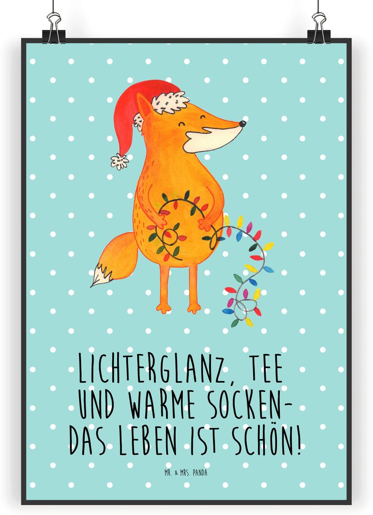 Mr. & Mrs. Panda Bild Fuchs Weihnachten DIN A5 - Türkis Pastell - Geschenk, wanddeko, Wandbild, Weihnachtszeit, Posterdruck, Nikolaus, Deko, Winte...