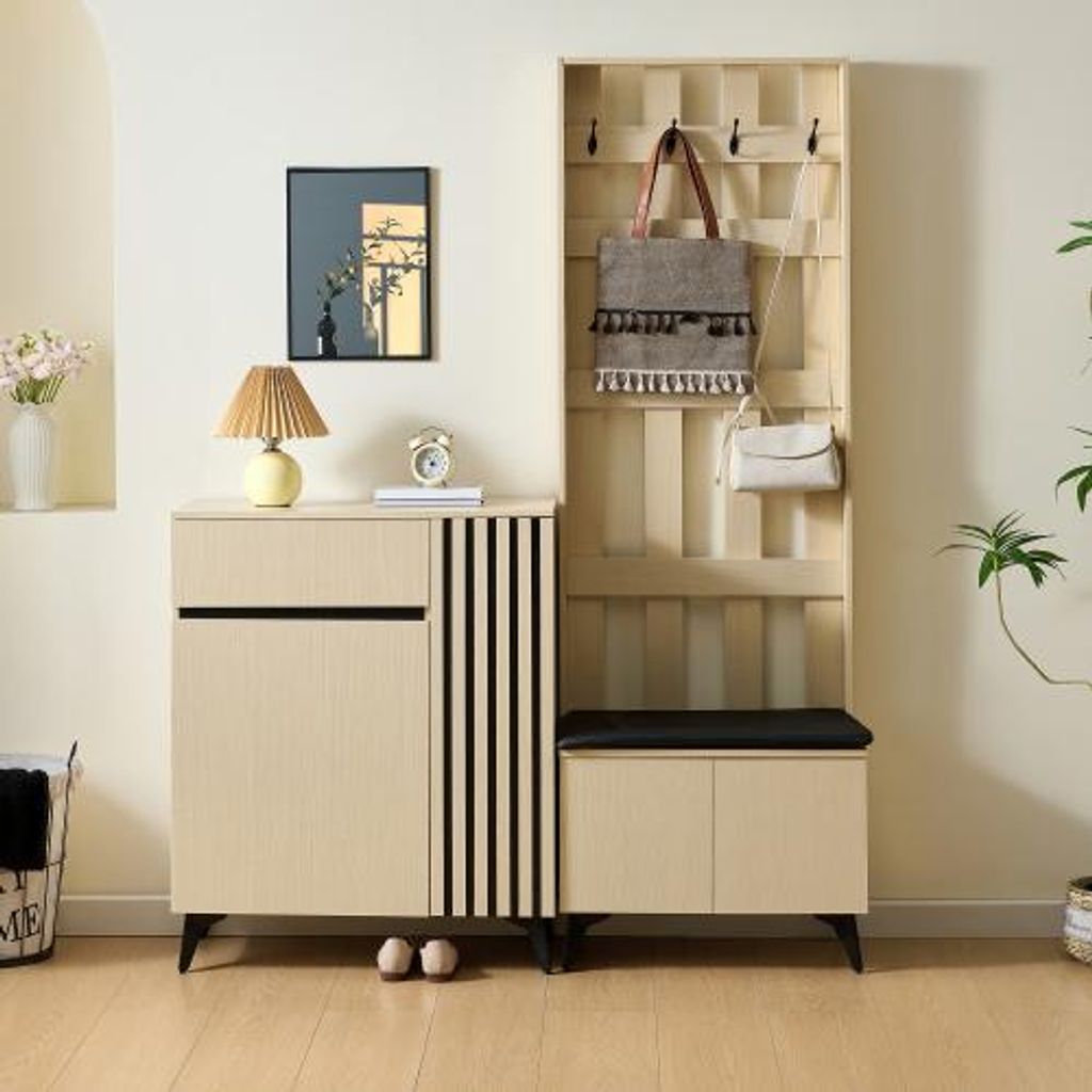AIORBER Flurmöbel-Set: Garderobe mit Sitzbank und Sideboard/Schuhschrank, modernes Stauraumset für Flur, Wohn- und Schlafzimmer, Helle Holzmaserung
