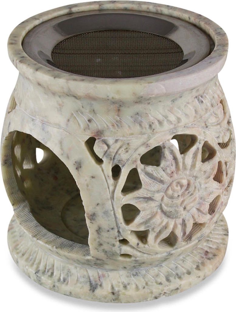 9,5x10,5cm Speckstein Rauchgefäß beige Sonne Motiv Sieb Ø 8cm Weihrauch Stövchen