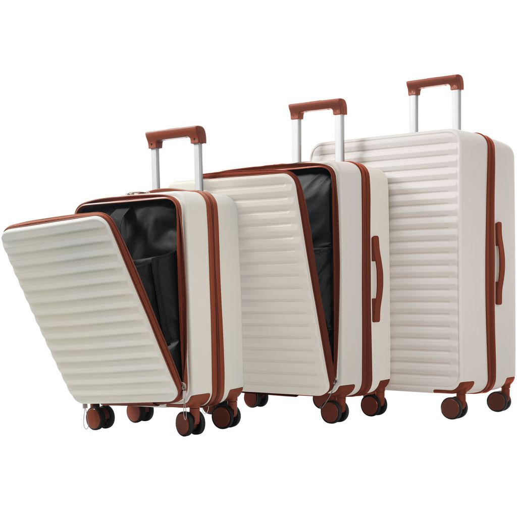 Trolleyset 3er-Set Hartschalenkoffer TSA Reisekoffer mit Klappbare Getränkehalter, die Größe L und XL mit seitlichem Häkchen, AntikWeiß