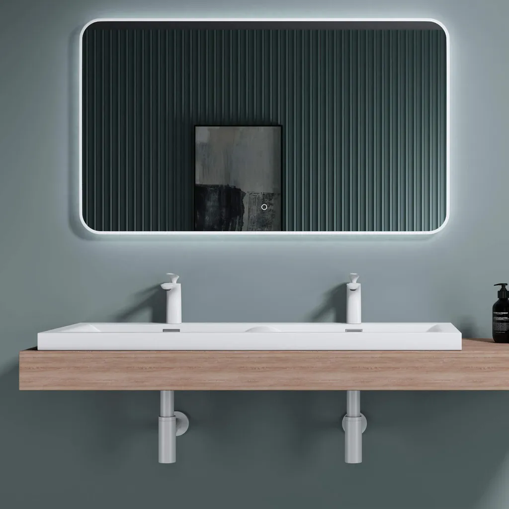 Lavabo Double Vasque Rectangulaire 120 cm Blanc Mat en Solid Surface