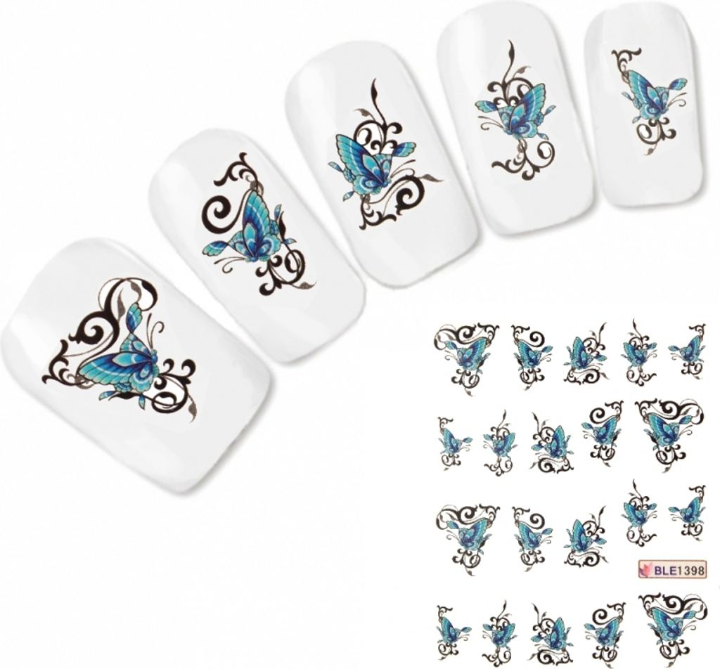 Nagel Sticker Nail Art Tattoo Blau Ornamente Schmetterling Produktbild 