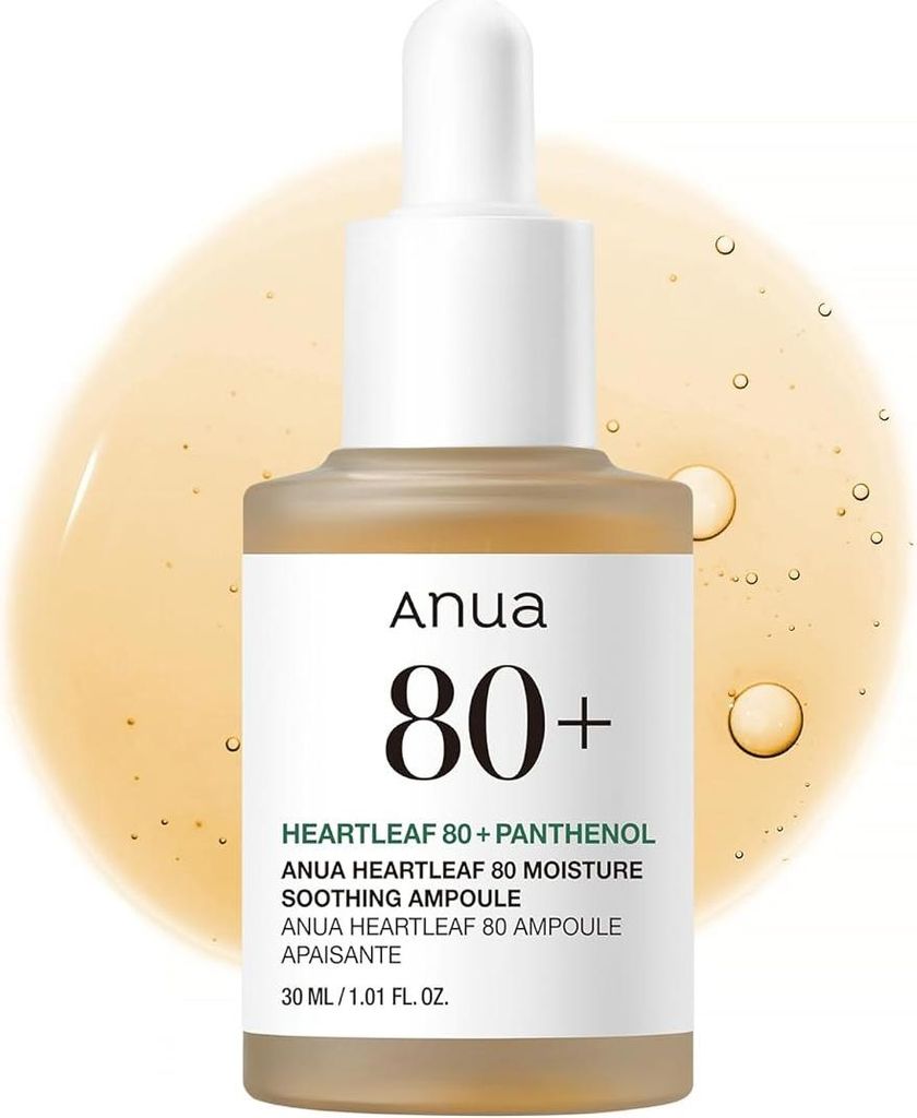 A bottle of Anua Heartleaf 80+ Moisture Soothing Ampoule with a dropper, set against a blurred yellow background with bubbles.