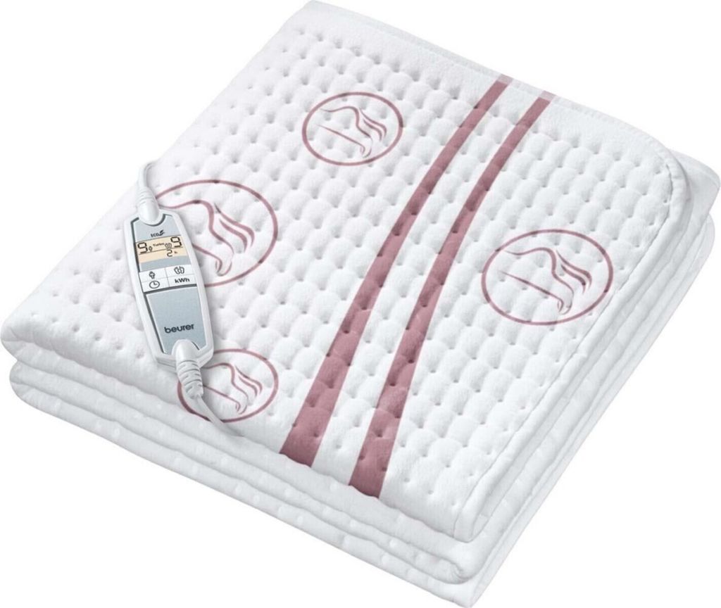 A folded white electric blanket with pink stripes and circular patterns, featuring a control unit attached by a cord.
