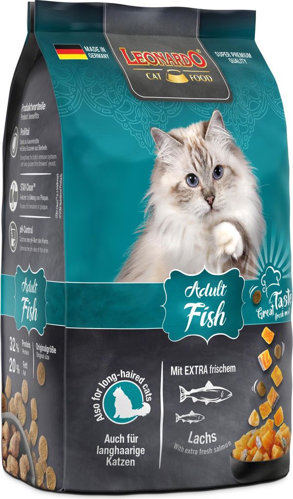 A bag of Leonardo Adult Fish cat food.