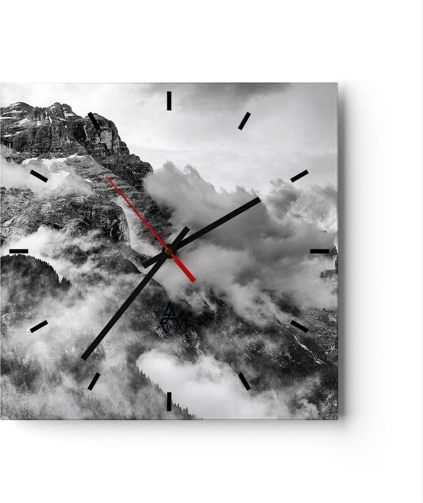 Wanduhr - Quadrat - Glasuhr - Berge Nebel Gipfel - 30x30cm - Schleichendes Uhrwerk - Lautlos - zum Aufhängen bereit - Dekoration Modern - Wanddeko...