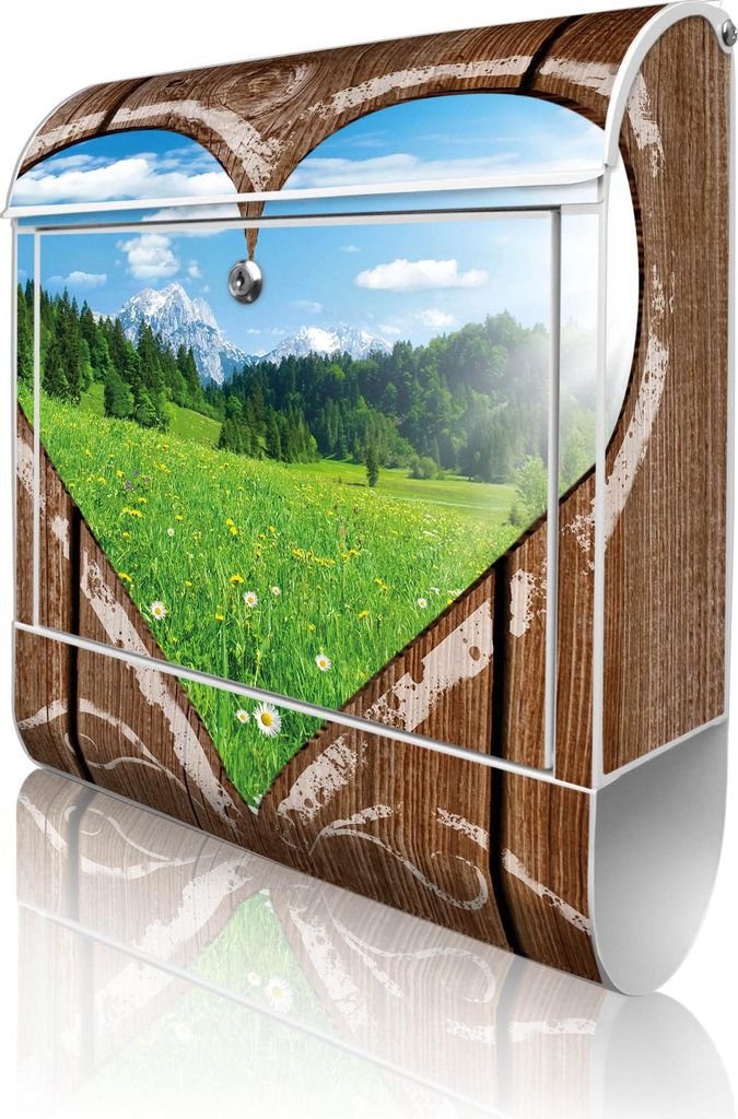 banjado Design Briefkasten Stahl weiß mit Zeitungsfach pulverbeschichtet "Ausblick mit Herz" 38x46x12,5cm & 2 Schlüssel - Postkasten A4 Einwurf i...