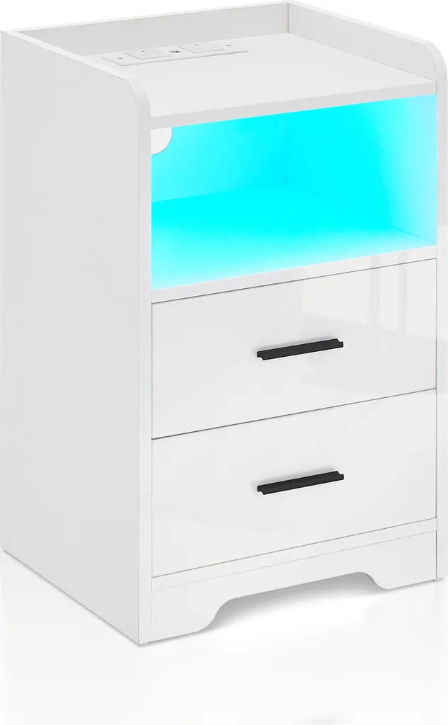 Table de nuit LED avec prise de recharge USB, meuble de chambre blanc